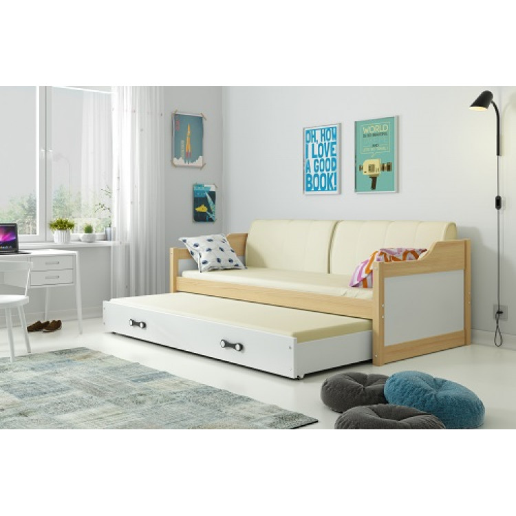 Detská posteľ s prístelkou DÁVID 200 x 90 cm borovica biela - smotanové poťahy